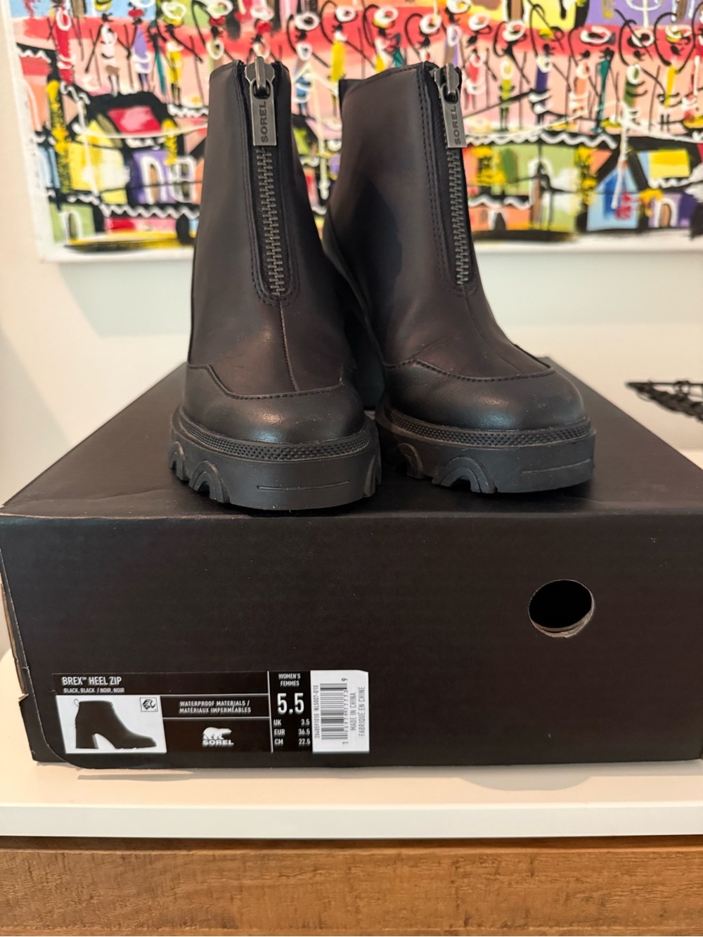 SOREL Womens Brex Heel Zip Bootie 5 1/2  Black Leather. Like New W/ Box